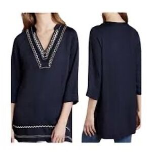 Anthropologie Dolan Left Coast  Navy Blue Embroidered V-Neck Tunic Top Large